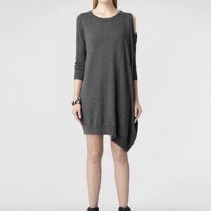 All Saints Sago Sweater Dress Gray Silk Blend Asymmetrical Cut Out Shoulder Sz 2